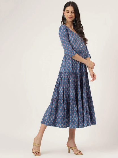 Floral Print Blue Long Dress – Casual Everyday Summer Wear
