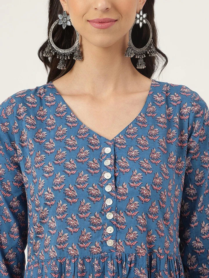 Floral Print Blue Long Dress – Casual Everyday Summer Wear