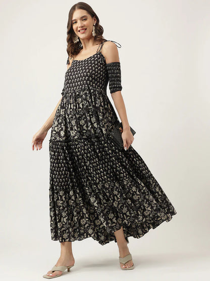 Women's Cold Shoulder Cotton Dress – Floral Print & Tiered Style
