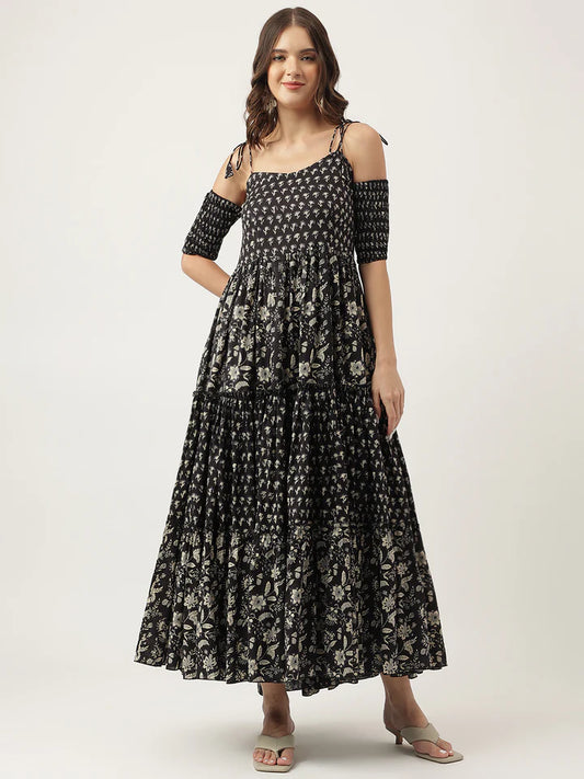 Women's Black Cotton Dress – Floral Print & Tiered Style