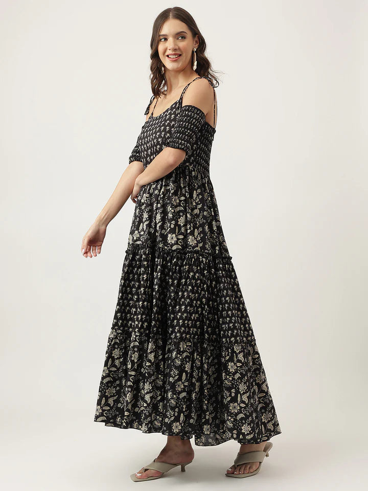 Women's Cold Shoulder Cotton Dress – Floral Print & Tiered Style