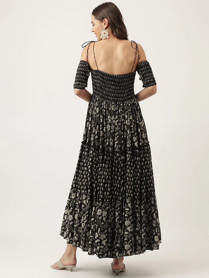 Women's Cold Shoulder Cotton Dress – Floral Print & Tiered Style