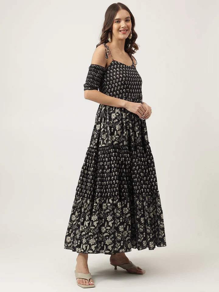 Women's Cold Shoulder Cotton Dress – Floral Print & Tiered Style