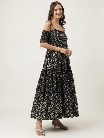 Women's Cold Shoulder Cotton Dress – Floral Print & Tiered Style