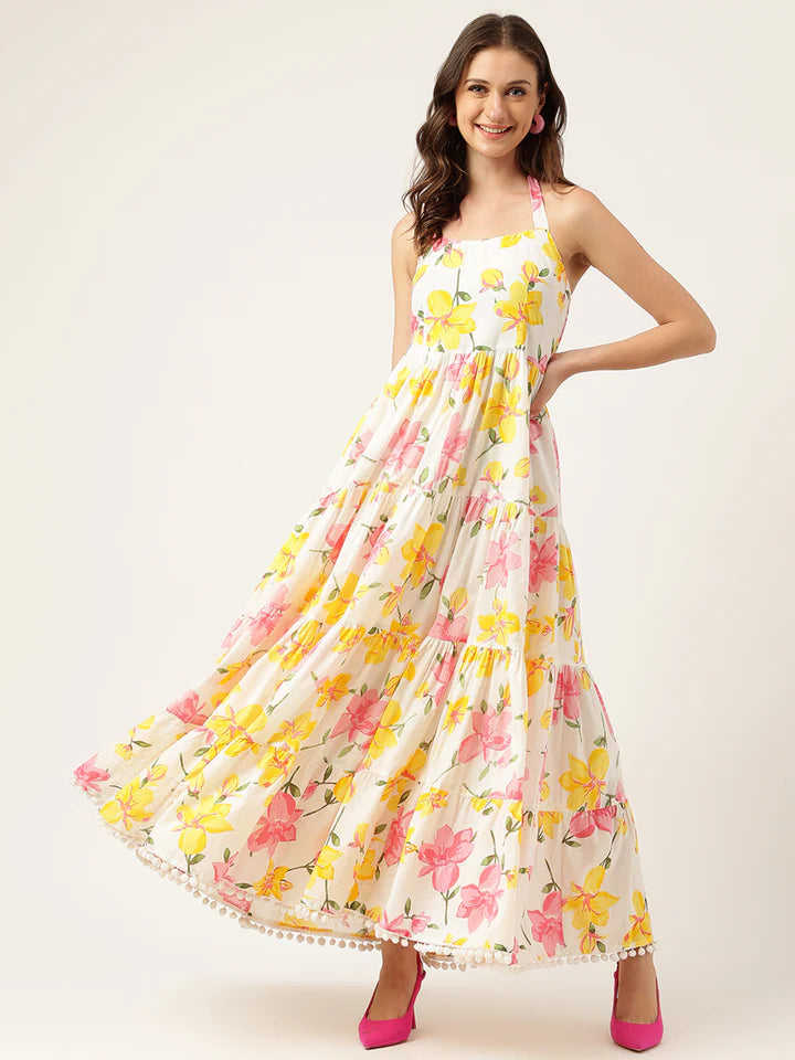 Halter Neck Floral Cotton Maxi Dress – Lightweight Summer Casual Wear