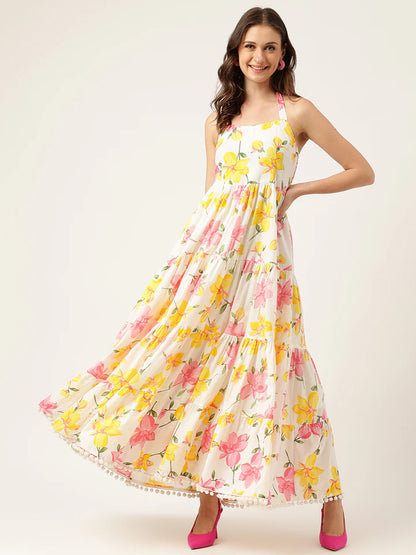 Halter Neck Floral Cotton Maxi Dress – Lightweight Summer Casual Wear