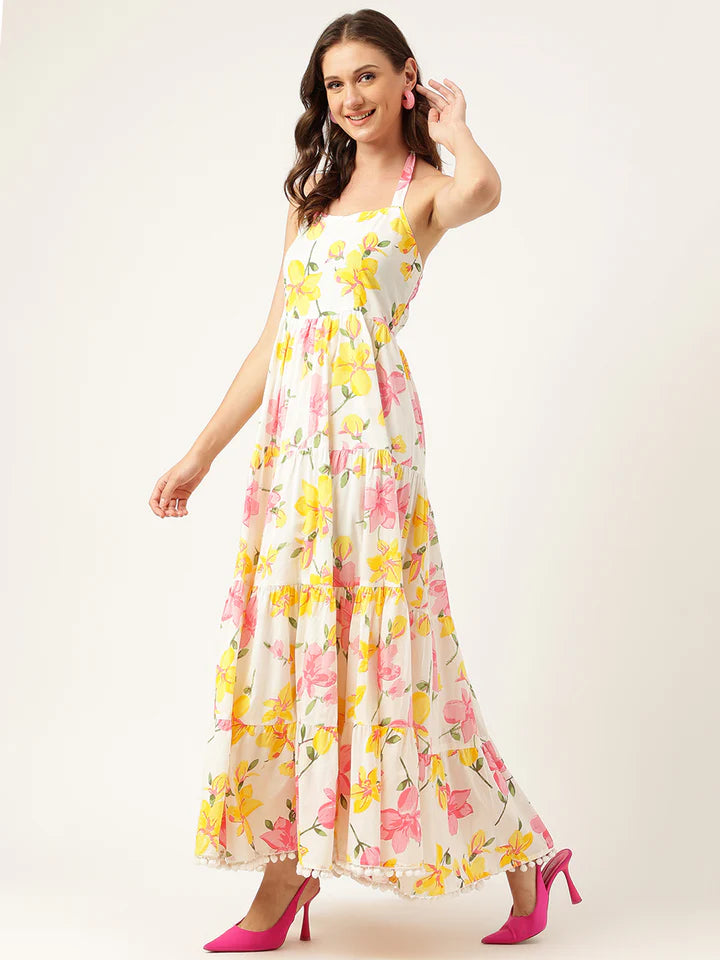 Halter Neck Floral Cotton Maxi Dress – Lightweight Summer Casual Wear