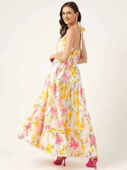 Halter Neck Floral Cotton Maxi Dress – Lightweight Summer Casual Wear