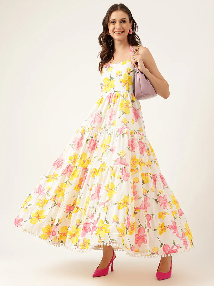 Halter Neck Floral Cotton Maxi Dress – Lightweight Summer Casual Wear