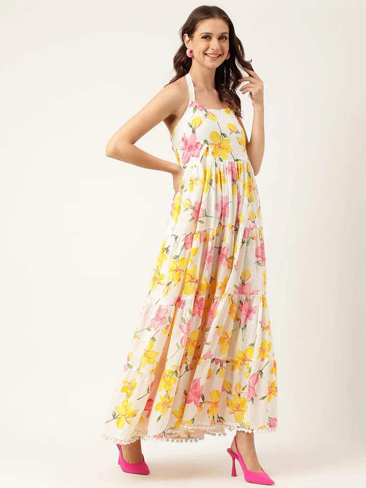 Halter Neck Floral Cotton Maxi Dress – Lightweight Summer Casual Wear