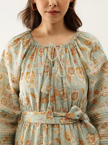 Sage Green Floral Cotton Dress – Light & Breezy Summer Wear