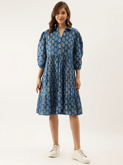 Blue Paisley A-Line Cotton Dress – Relaxed Fit for Spring & Summer