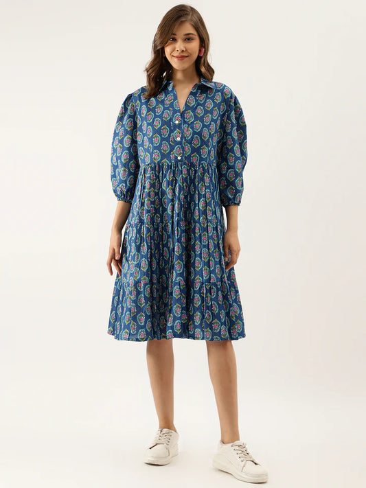 Blue Paisley A-Line Cotton Dress – Relaxed Fit for Spring & Summer