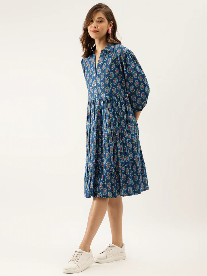 Blue Paisley A-Line Cotton Dress – Relaxed Fit for Spring & Summer