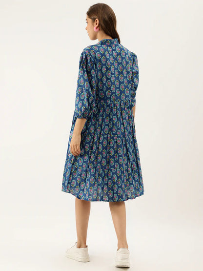 Blue Paisley A-Line Cotton Dress – Relaxed Fit for Spring & Summer