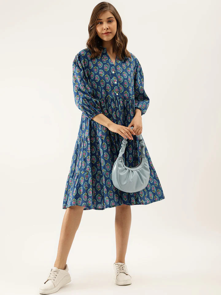 Blue Paisley A-Line Cotton Dress – Relaxed Fit for Spring & Summer