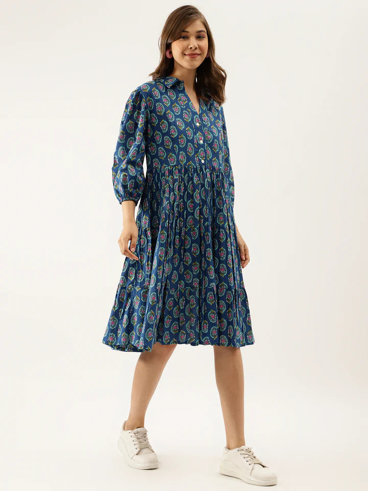 Blue Paisley A-Line Cotton Dress – Relaxed Fit for Spring & Summer