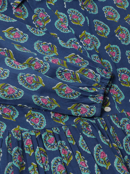 Blue Paisley A-Line Cotton Dress – Relaxed Fit for Spring & Summer