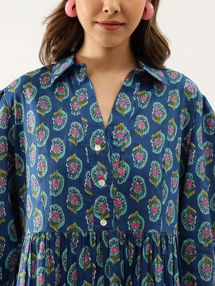 Blue Paisley A-Line Cotton Dress – Relaxed Fit for Spring & Summer