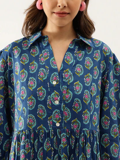 Blue Paisley A-Line Cotton Dress – Relaxed Fit for Spring & Summer