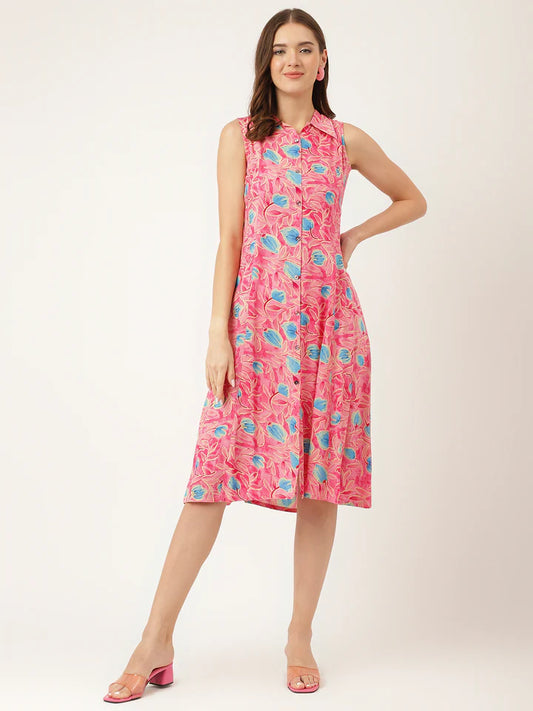 Soft Rayon Floral Dress – Pink A-Line Midi with Attached Sleeves