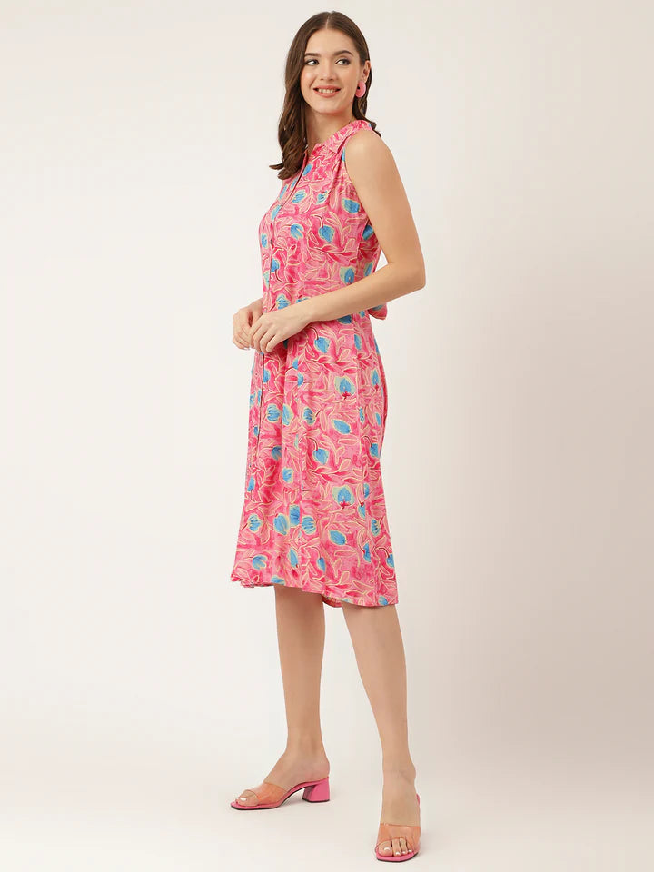 Soft Rayon Floral Dress – Pink A-Line Midi with Attached Sleeves