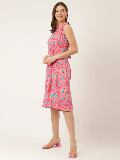 Soft Rayon Floral Dress – Pink A-Line Midi with Attached Sleeves