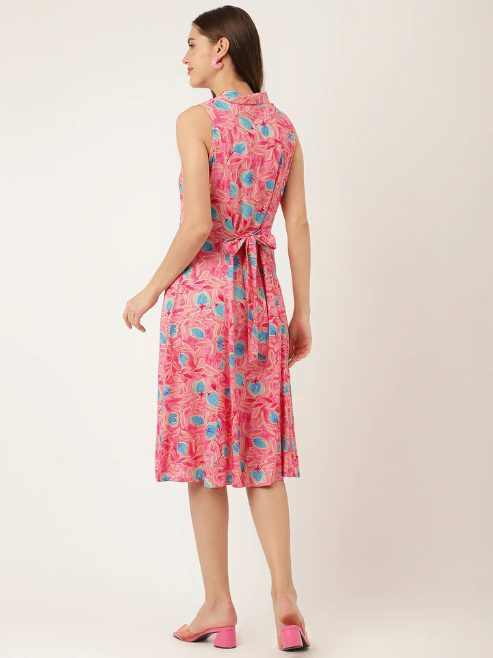 Soft Rayon Floral Dress – Pink A-Line Midi with Attached Sleeves
