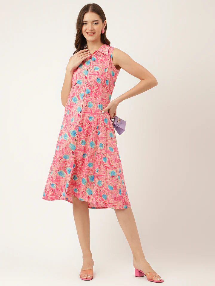 Soft Rayon Floral Dress – Pink A-Line Midi with Attached Sleeves