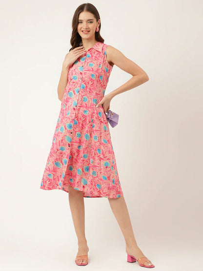 Soft Rayon Floral Dress – Pink A-Line Midi with Attached Sleeves