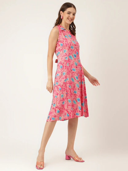 Soft Rayon Floral Dress – Pink A-Line Midi with Attached Sleeves