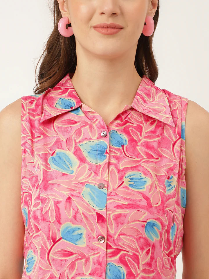 Soft Rayon Floral Dress – Pink A-Line Midi with Attached Sleeves