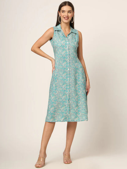 Sky Blue Floral A-Line Midi Dress – Lightweight Summer Garden Party Dress