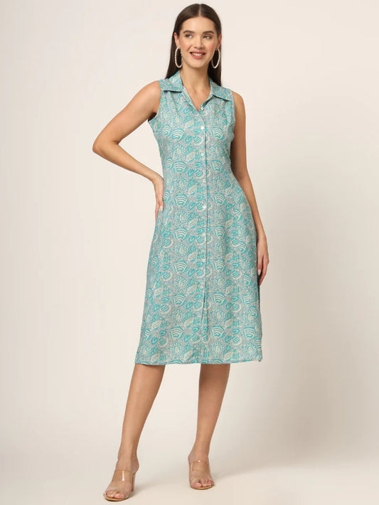 Sky Blue Floral A-Line Midi Dress – Lightweight Summer Garden Party Dress