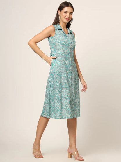 Sky Blue Floral A-Line Midi Dress – Lightweight Summer Garden Party Dress