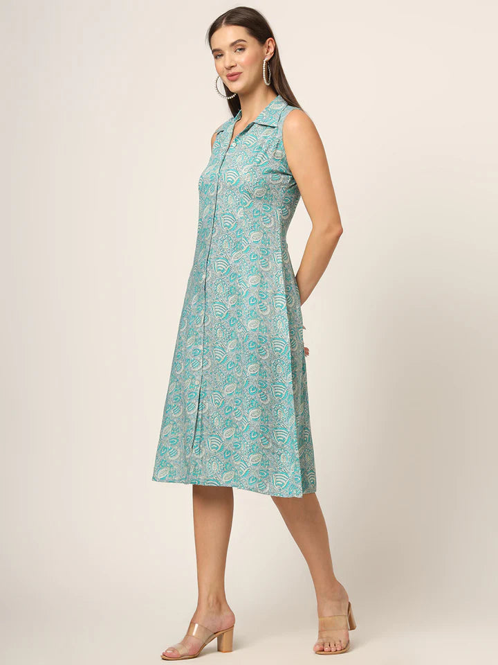 Sky Blue Floral A-Line Midi Dress – Lightweight Summer Garden Party Dress