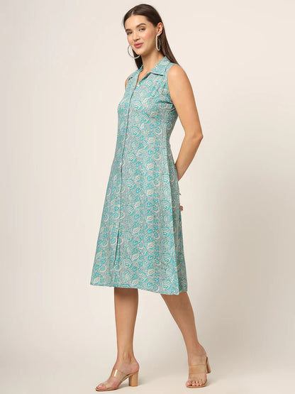 Sky Blue Floral A-Line Midi Dress – Lightweight Summer Garden Party Dress