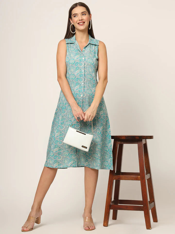 Sky Blue Floral A-Line Midi Dress – Lightweight Summer Garden Party Dress