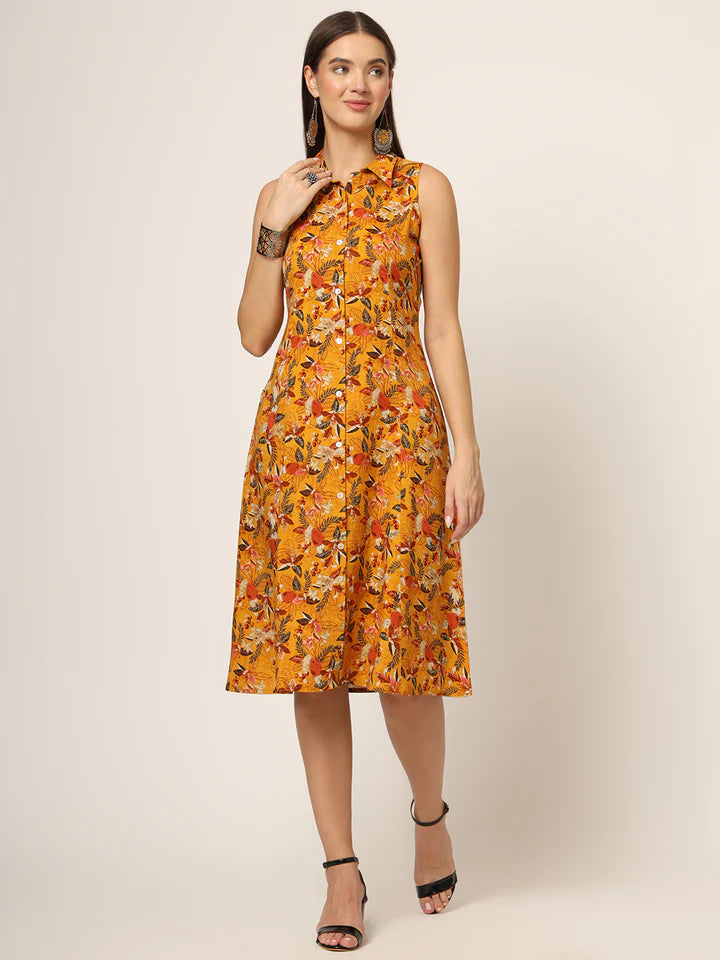 Yellow Printed Midi Dress – Casual Floral A-Line for Women