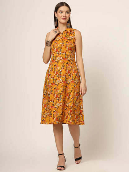 Yellow Printed Midi Dress – Casual Floral A-Line for Women