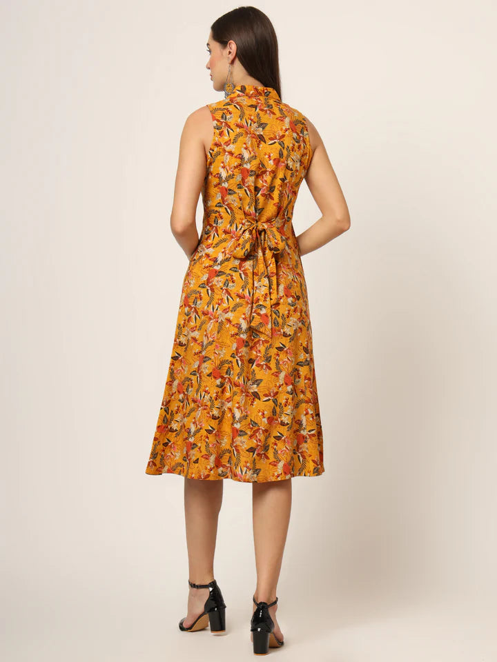 Yellow Printed Midi Dress – Casual Floral A-Line for Women