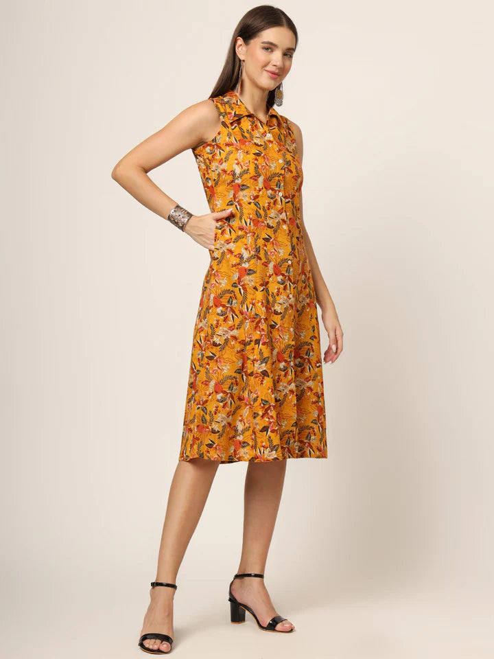 Yellow Printed Midi Dress – Casual Floral A-Line for Women