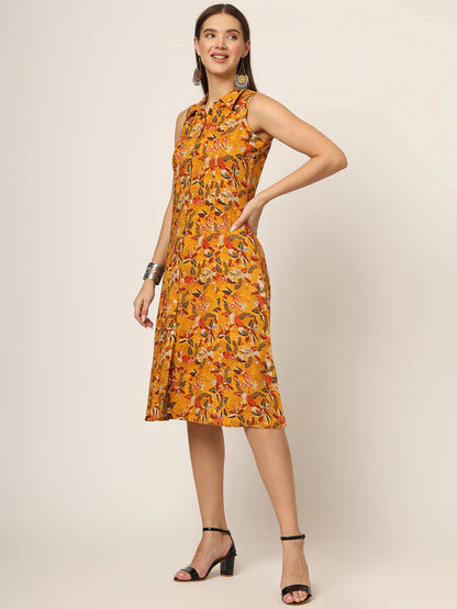 Yellow Printed Midi Dress – Casual Floral A-Line for Women