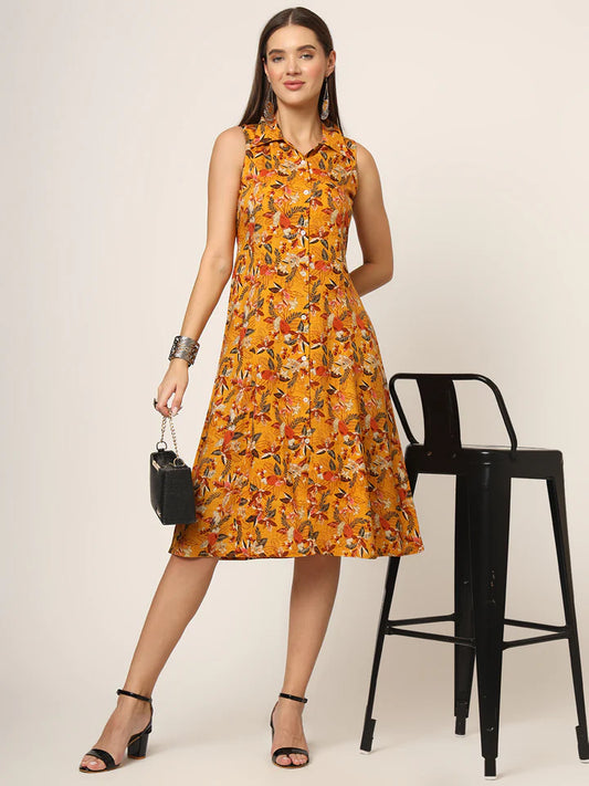 Yellow Printed Midi Dress – Casual Floral A-Line for Women