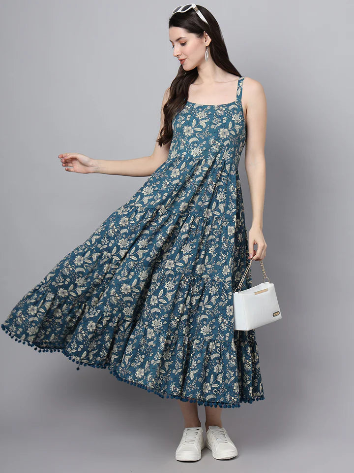 Women’s Cotton Flared Dress – Floral Print with Shoulder Straps