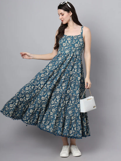 Women’s Cotton Flared Dress – Floral Print with Shoulder Straps