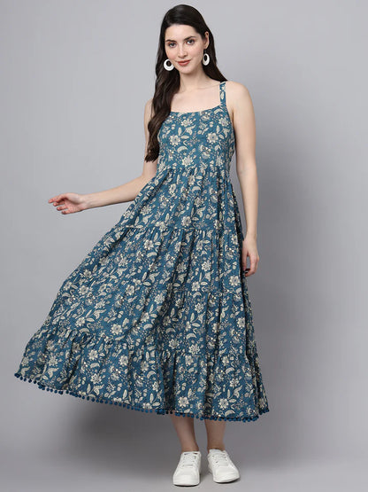 Women’s Cotton Flared Dress – Floral Print with Shoulder Straps