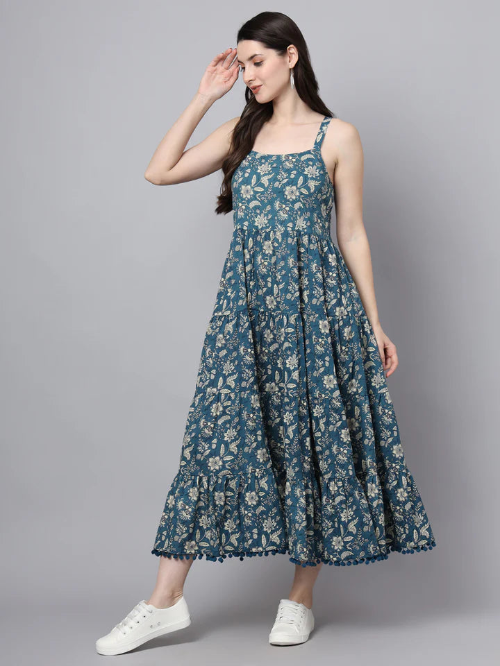 Women’s Cotton Flared Dress – Floral Print with Shoulder Straps