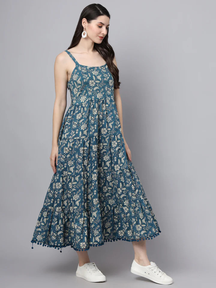 Women’s Cotton Flared Dress – Floral Print with Shoulder Straps