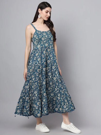 Women’s Cotton Flared Dress – Floral Print with Shoulder Straps